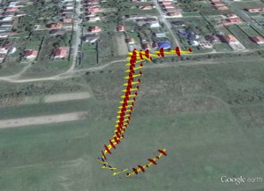 изображение из программы Google Earth показывающее вход в парашютирование, само парашютирование, и выход в горизонтальный полет